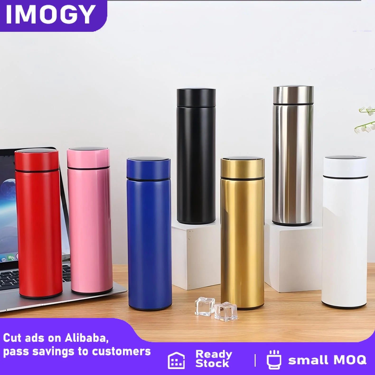 IMOGY Smart Water Bottle Stainless Steel with LED Temperature Display Thermo Digital Tumbler Cups Bulk Includes Lid Beer Usage