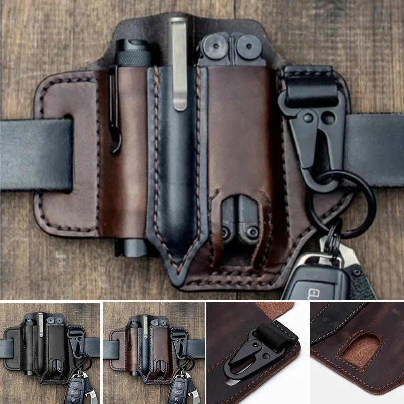 Multitool Leather Sheath Pocket Organizer Storage Belt Waist Bag for Camping with Key Holder Belt Flashlight Outdoor Camping Too