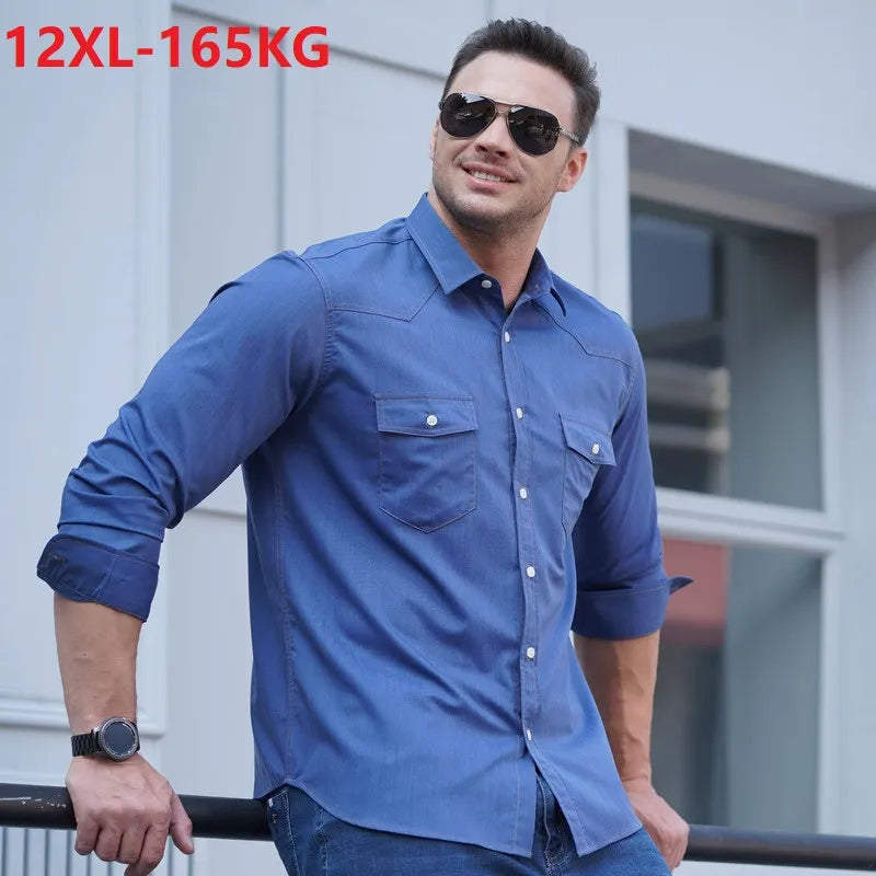 high quality autumn spring 10XL 12XL 11XL Large Size Men denim Shirt expensive long Sleeve oversize fat cow boy Shirt pockets