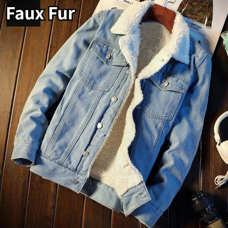 Winter Men Fleece Denim Jackets Heavyweight Faux Fur Coats Jackets Korea Workwear Men's Clothing Tops